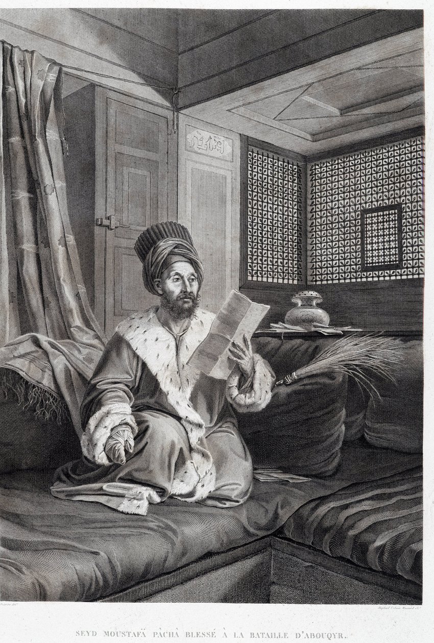 Kostüme und Porträts: Seyd Moustafa Pascha verwundet in der Schlacht von Abouqyr in „Beschreibung von Ägypten“, Kaiserliche Ausgaben von Unknown artist