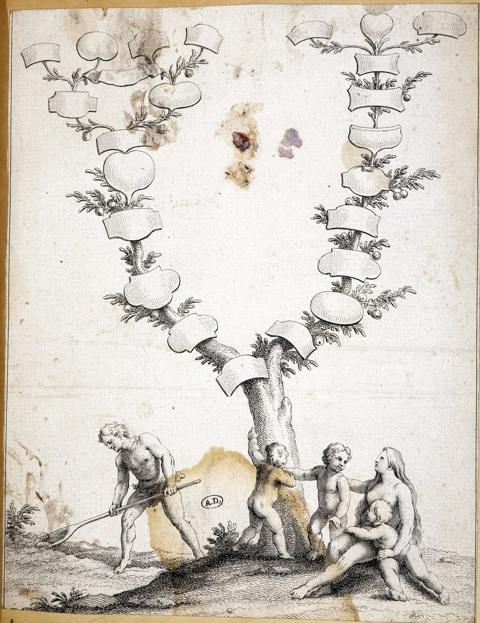 Paar mit Kindern am Fuße eines jungfräulichen Stammbaums - Gravur von Unknown artist