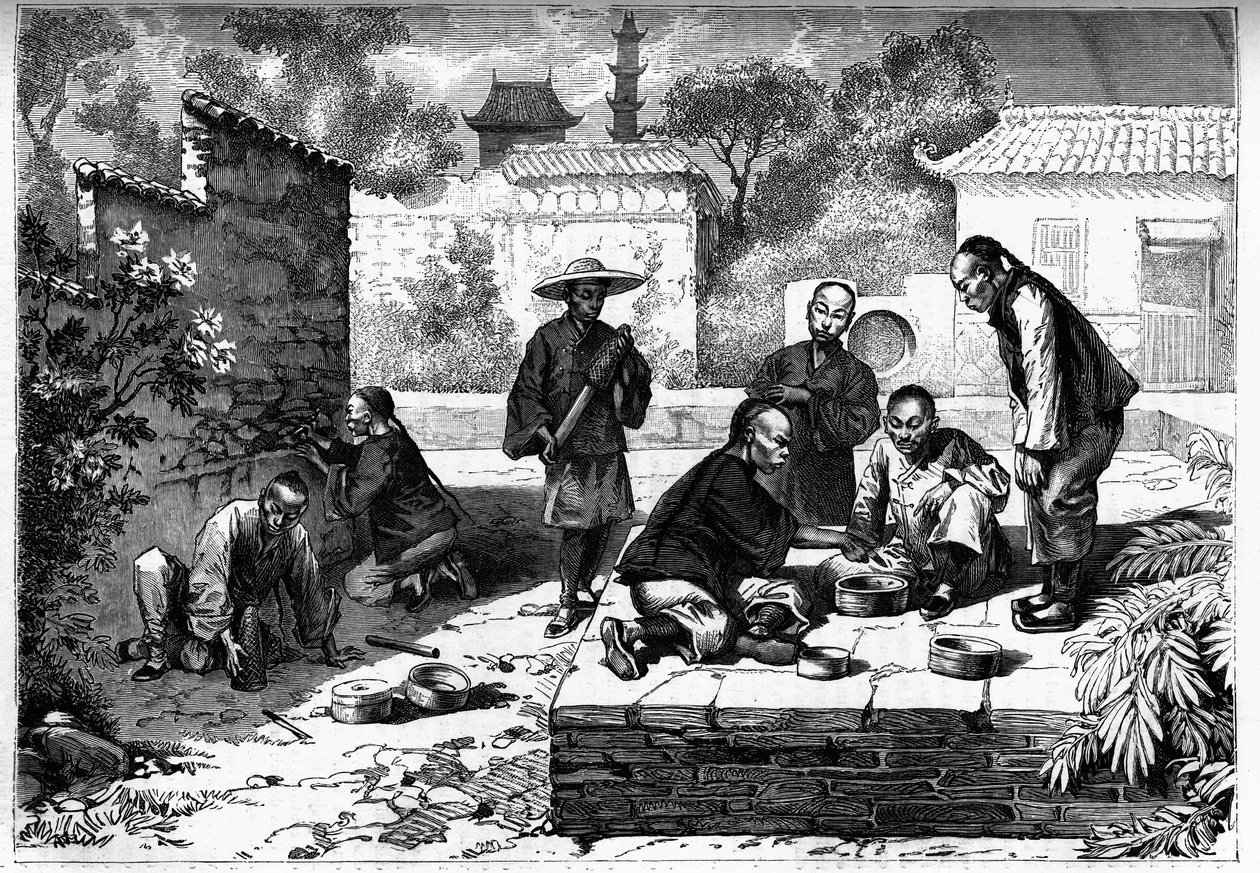 Grillenwettkampf in Peking, China. Gravur in „The Youth Journal“ von Unknown artist