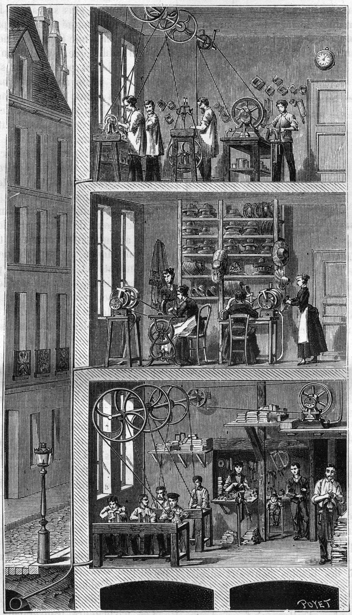 Querschnitt eines Hauses in der Rue Beaubourg in Paris, der die Nutzung der Kraftverteilung zeigt. - Im Zwischengeschoss, Bürstenhersteller; im 1. Stock, Hutmacher; im 2. Stock, Hersteller von Metallrahmen. Unten und links sind die Abwasserrohre und... von Unknown artist