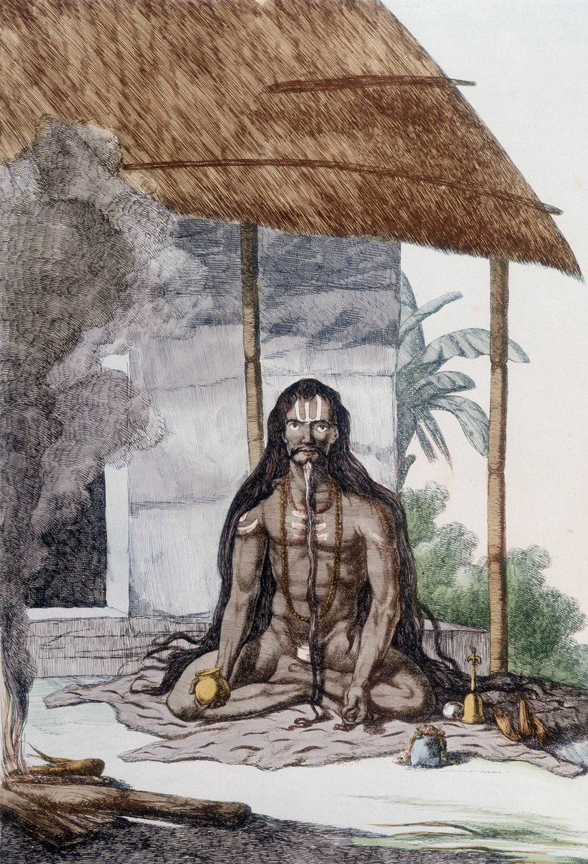 Kultur, Zivilisation und indische Gesellschaft: Porträt eines Fakirs (Faquir) beim Gebet, Indien. Gravur 1808 von Unknown artist