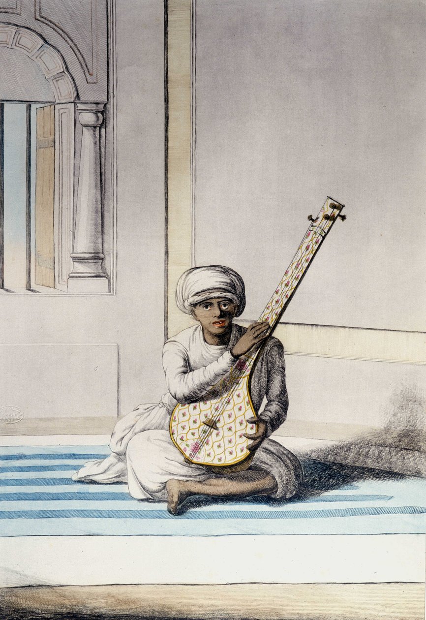 Kultur, Zivilisation und indische Gesellschaft: Musiker spielt Thambourah (Tamboura), traditionelles Instrument Indiens. Gravur 1808 von Unknown artist