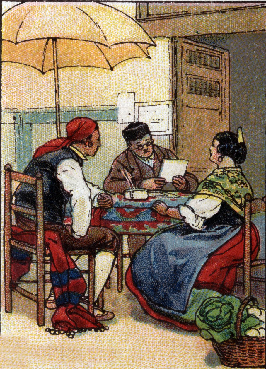 Alltagsleben in Spanien: Ein Analphabetenpaar wendet sich an einen öffentlichen Schreiber, Anfang des 20. Jahrhunderts von Unknown Artist