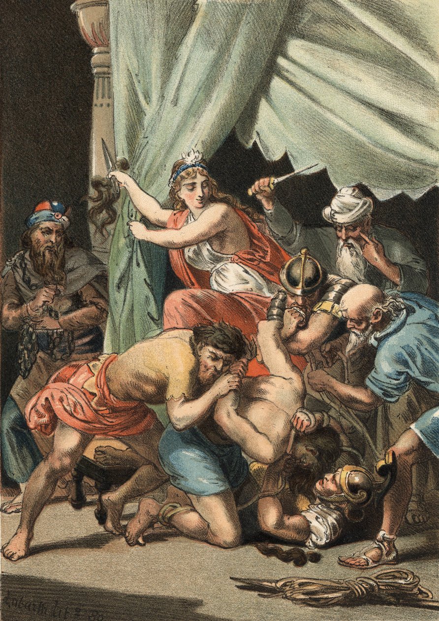 Dalila schneidet Samson die Haare ab, um ihn verwundbar zu machen und ihn den Philistern auszuliefern von Unknown artist