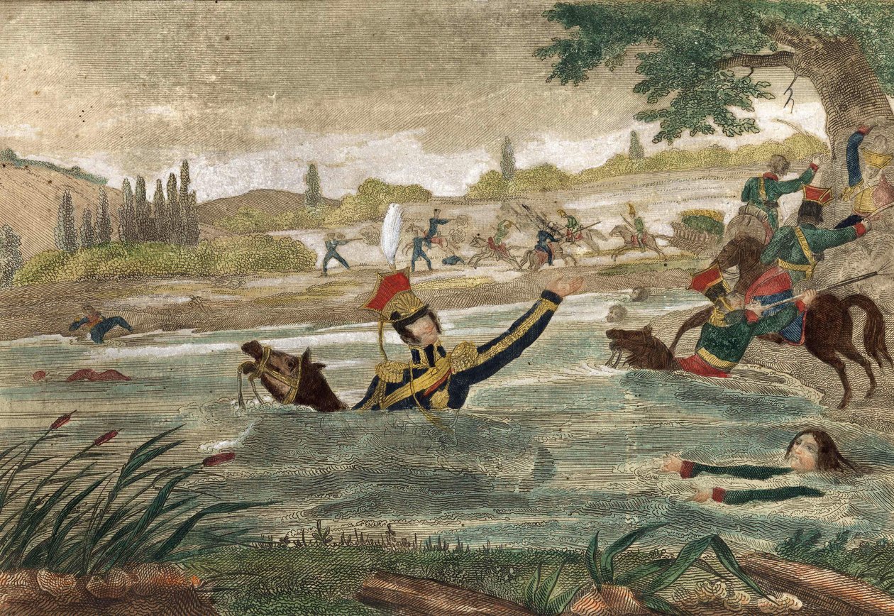 Tod von Prinz Joseph Antoni Poniatowski (geboren 1763) beim Übergang der Elster im Jahr 1813, zeitgenössische Gravur von Unknown artist