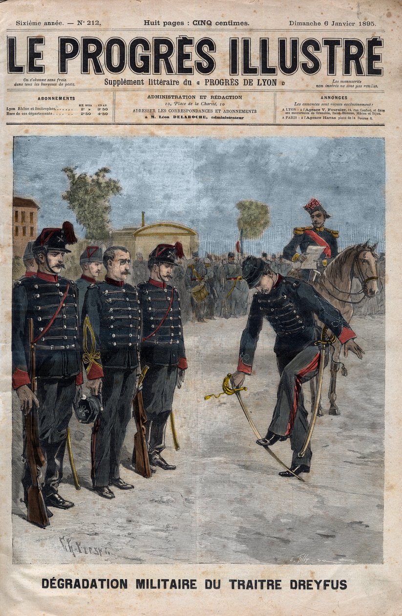 Degradierung von Alfred Dreyfus - Dreyfus-Affäre: Die Degradierung von Alfred Dreyfus im Hof der Militärschule, Paris, 5. Januar 1895 - Gravur in „Der illustre Fortschritt“ von 1895 von Unknown artist