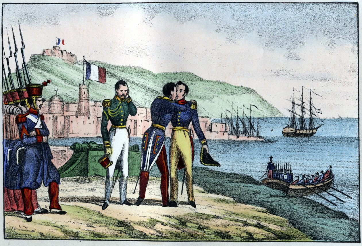 Abreise von Louis Auguste, Graf von Bourmont (Marschall von Bourmont) (1773-1846) aus Algerien im Jahr 1830. In „L