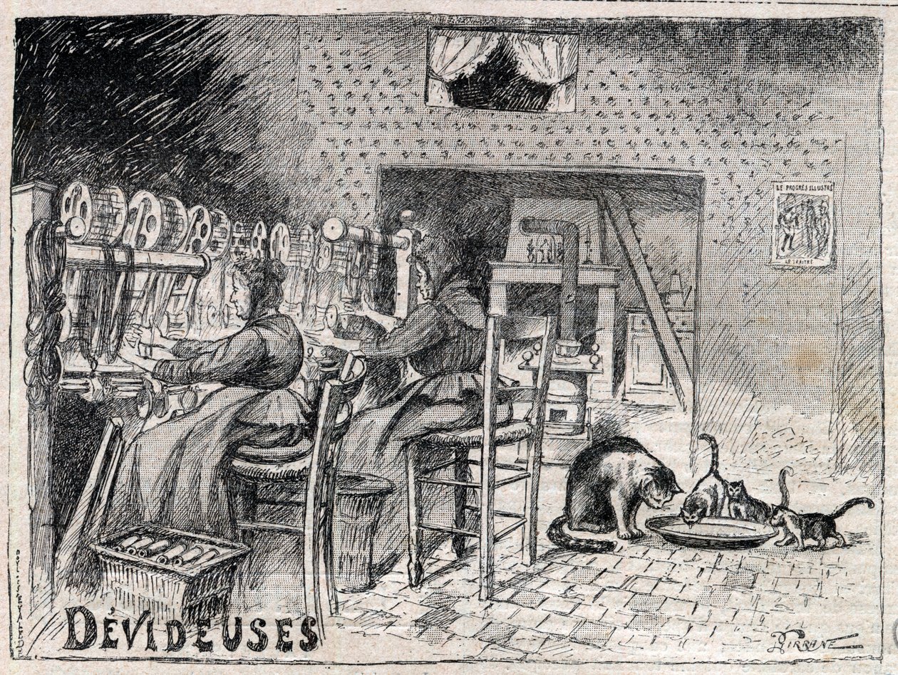 Devideuses - Atelier de Canut - Innenansicht einer Seidenweberwerkstatt in Lyon - Gravur in „Le Progres illustré“ von 1895 von Unknown artist