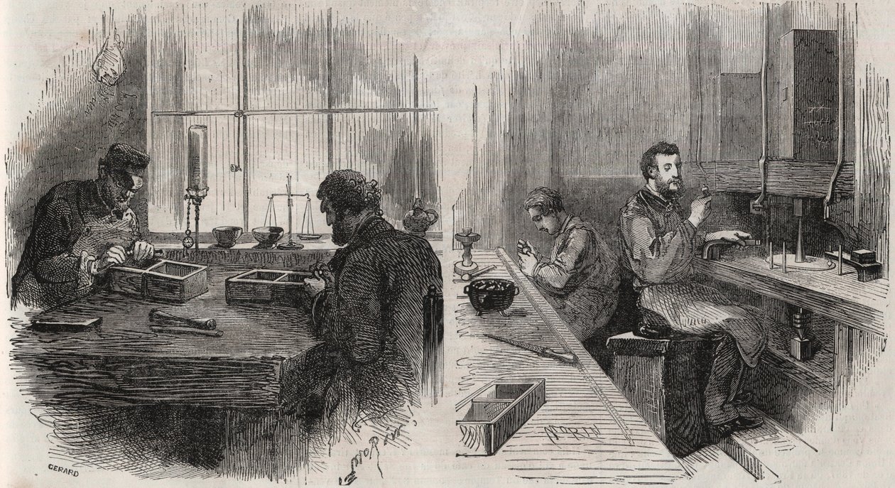 Diamantschleifen in einer Werkstatt in den Niederlanden: Spalter und Polierer - Gravur in „Le Monde Illustré“ von Unknown artist