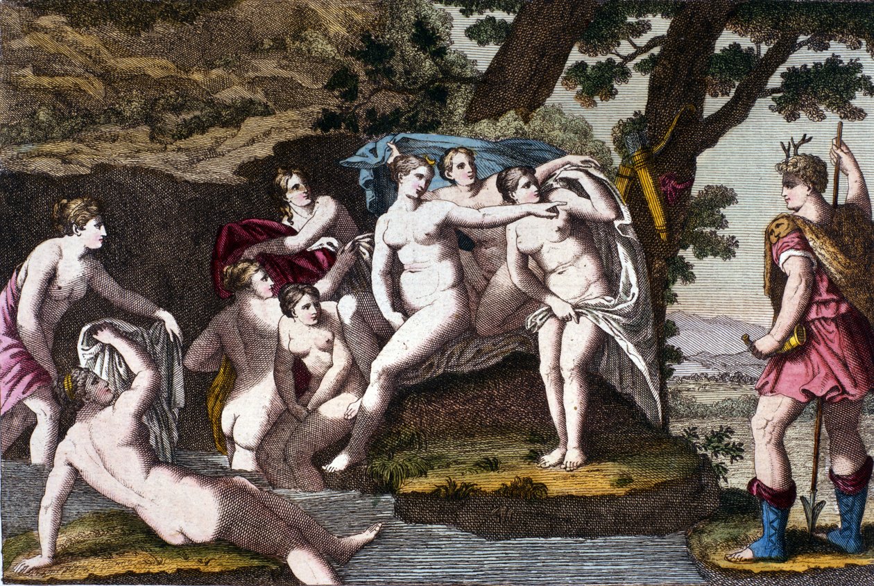 Diana wird beim Baden vom Jäger Acteon überrascht. Gravur aus „Dizionario mitologico“ 19. Jahrhundert von Unknown artist