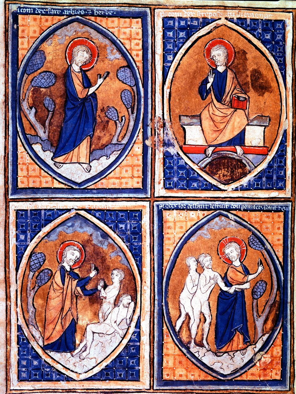 Verschiedene Stadien der Weltschöpfung dargestellt in Mandorlen. Miniatur aus einem Manuskript des 13. Jahrhunderts. Porto, Stadtbibliothek von Unknown artist
