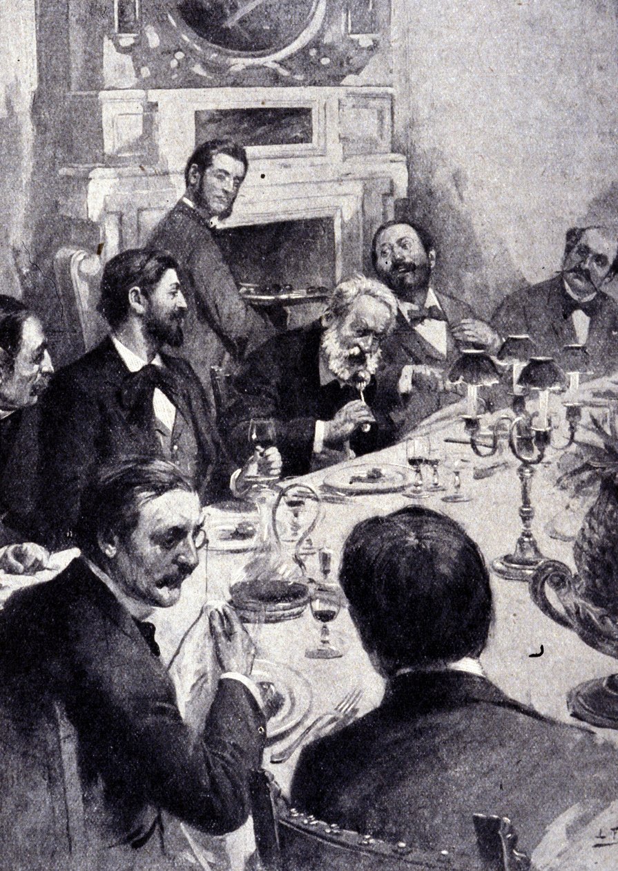 Essen am Tisch von Victor Hugo mit Jean Mounet Sully (Mounet-Sully) (1841 - 1916), französischer Schauspieler. Gravur des 19. Jahrhunderts von Unknown artist