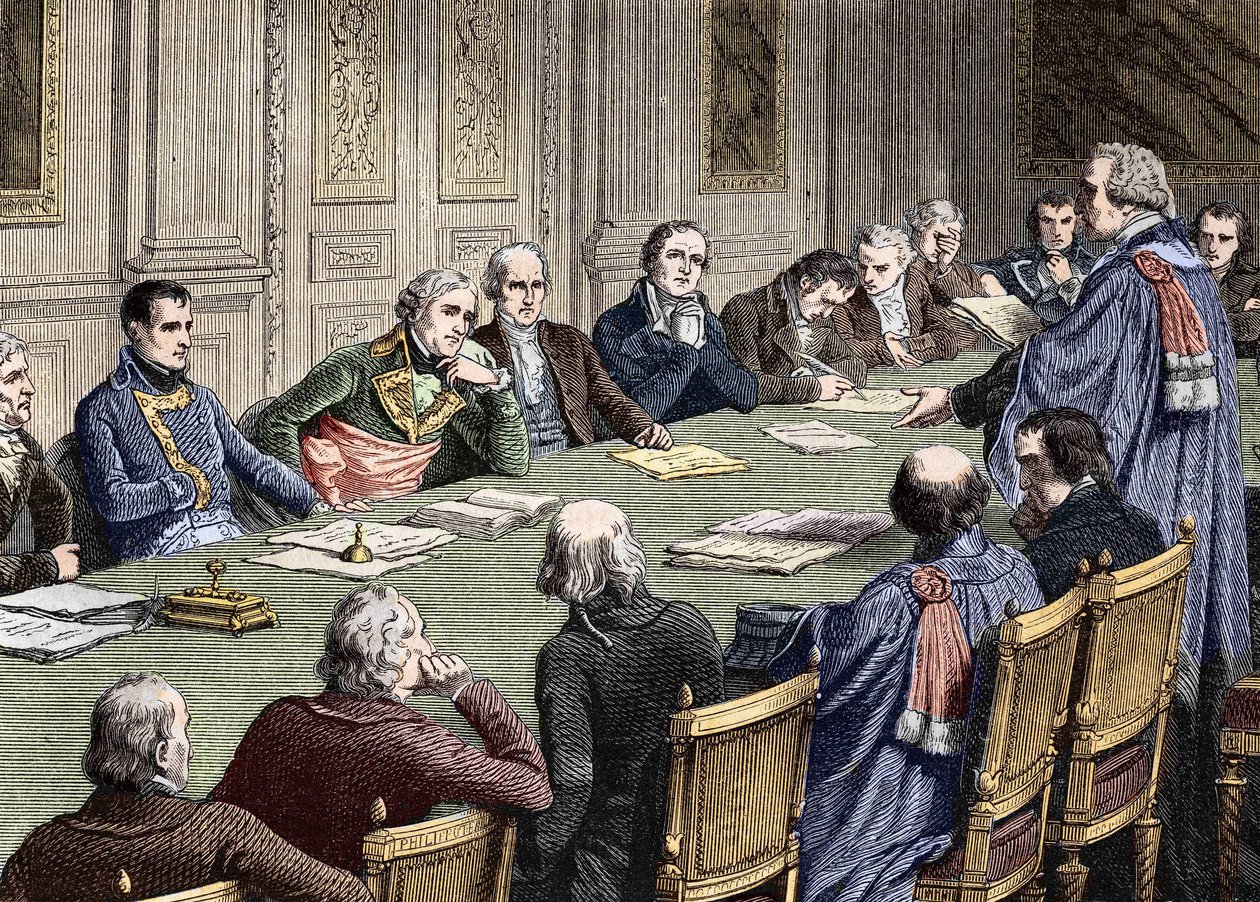 Diskussion des Zivilgesetzbuches im Staatsrat (1800-1804), unter dem Vorsitz des ersten Konsuls, Napoleon Bonaparte. Gravur des 19. Jahrhunderts. von Unknown artist