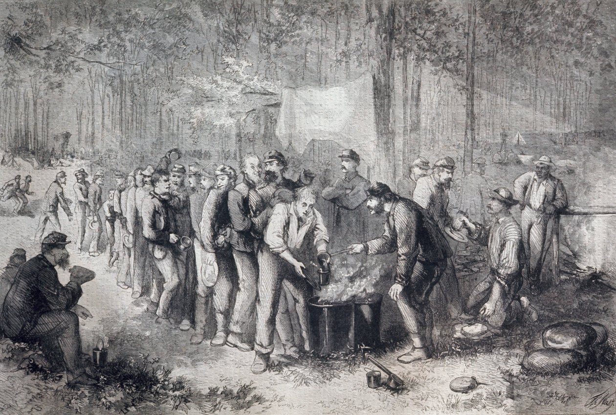 Verteilung von Rationen an eine nordamerikanische Militäreinheit, Vereinigte Staaten von Amerika, Amerikanischer Bürgerkrieg, Gravur von Unknown artist