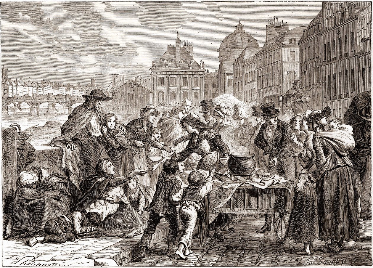 Verteilung von Lebensmitteln an hungernde Bauern um 1820 - in „L