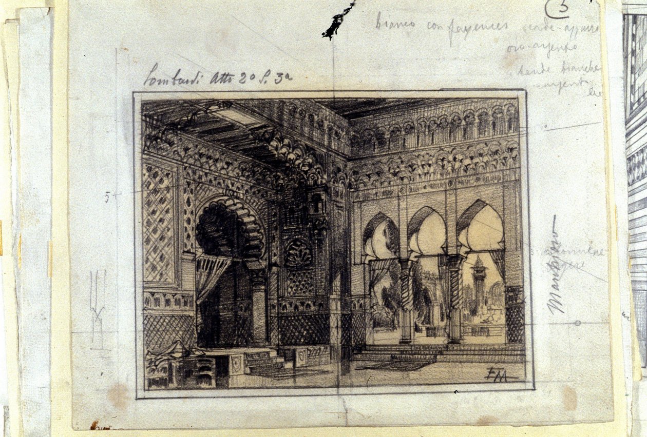 Zeichnung für die Kulisse der Szene 3 des Aktes II der Oper „I Lombardi“ oder „Die Lombarden beim ersten Kreuzzug“ komponiert von Giuseppe Verdi (1813 - 1901) im Jahr 1843 von Unknown artist