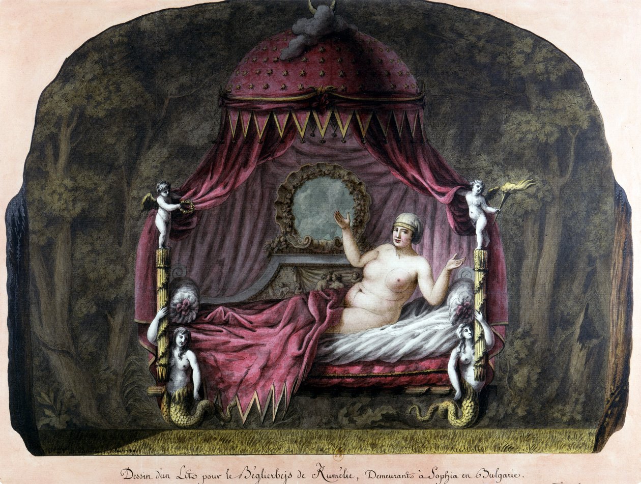 Zeichnung eines Bettes für den Bey von Rumelien, wohnhaft in Sofia, Bulgarien. Eine nackte Frau lädt ihn ein, sich zu ihr zu gesellen. J. J. Lepreu von Unknown artist