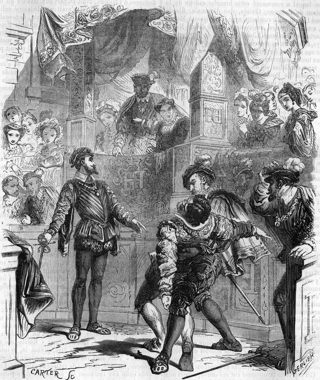 Degen-Duell von François de La Châtaigneraie gegen Guy de Jarnac; Jarnac verletzte seinen Gegner tödlich, indem er ihm das Schienbein durchtrennte; im Jahr 1547, Gravur des 19. Jahrhunderts. von Unknown artist