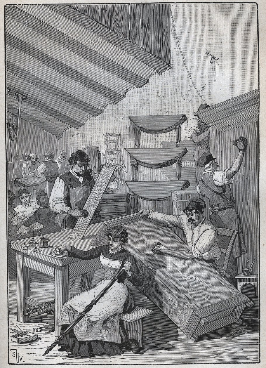 Ebenisterie: Stempel-Lackierwerkstatt. Gravur von 1885 in „Les arts et métiers illustrés“ von Adolphe Bitard. von Unknown artist