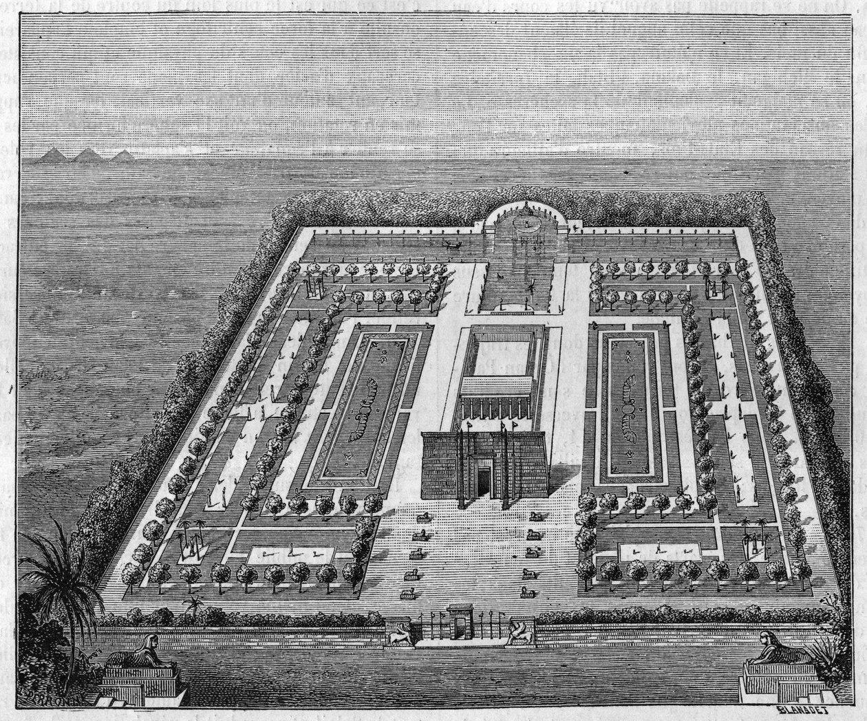 Ägyptischer Garten zur Zeit der Pharaonen. Gravur in „La Nature: revue des sciences et de leurs applications aux arts et a l