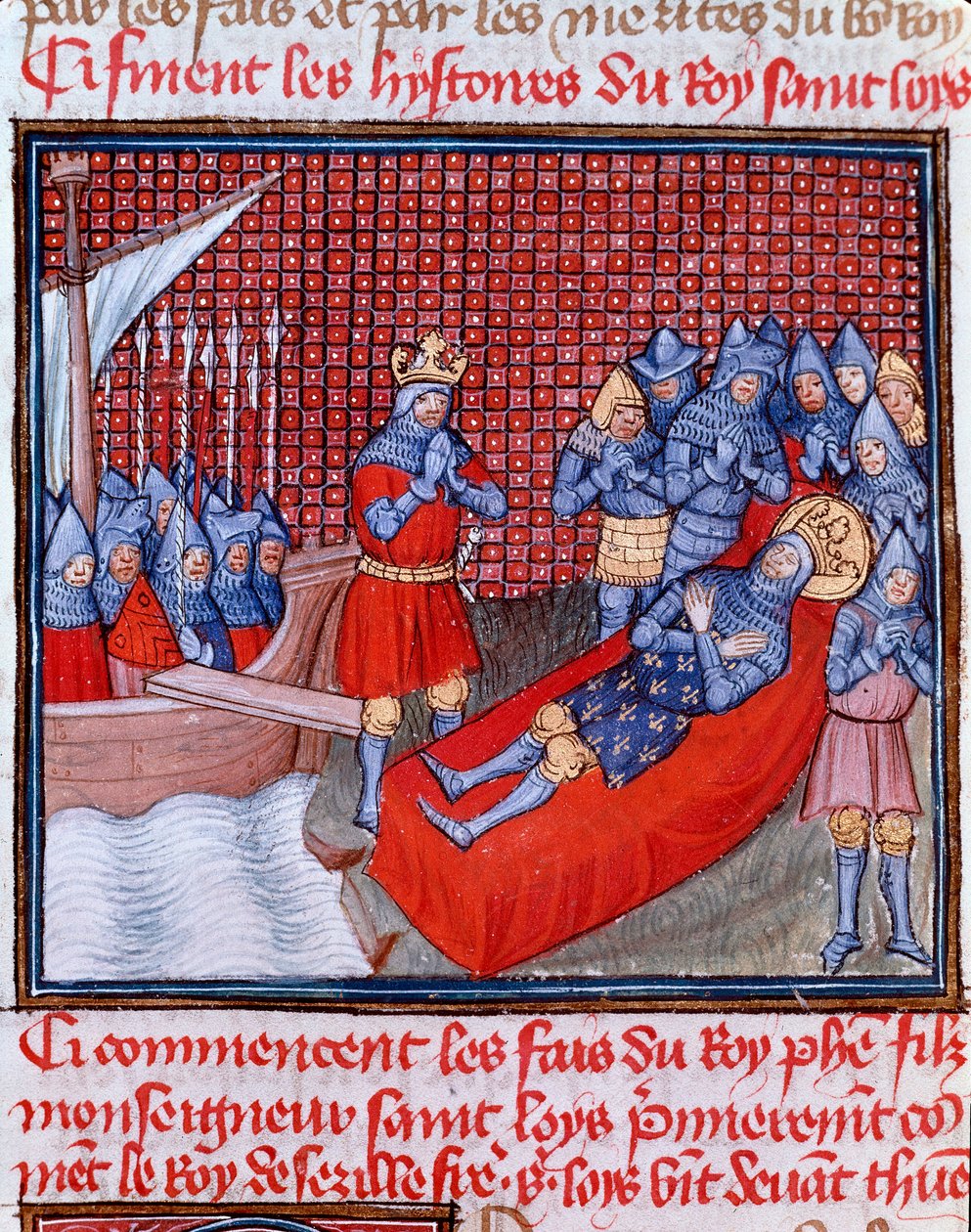 Achte Kreuzzug: Der Tod von Saint Louis in Tunis am 25. August 1270 (Miniatur aus „Les grandes Chroniques de France“ von Jean Froissart) von Unknown artist