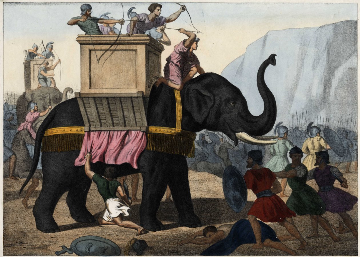 Eleazar Makkabäus (Maccabee oder Macabee) kämpft an der Seite der Juden gegen die Unterdrückung durch die Seleukiden. Anonyme Gravur aus der Mitte des 19. Jahrhunderts. von Unknown artist