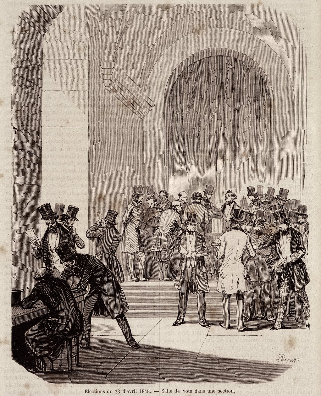 Wahlen vom 23. April 1848: Wahllokal in einem Abschnitt - in „Zeitgenössische populäre Geschichte“ von Unknown artist