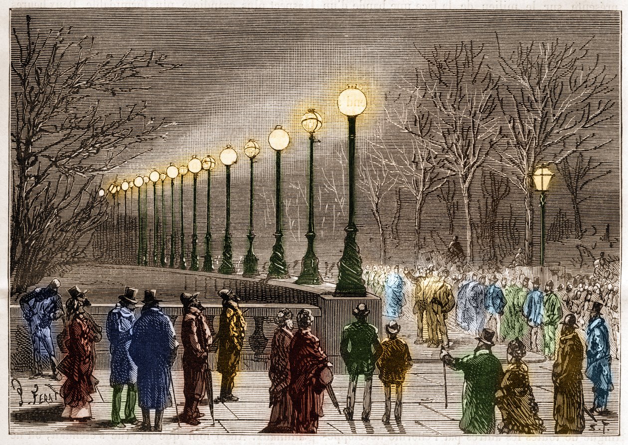 Elektrische Beleuchtung: Stehlampen vom Victoria Quay in London, Großbritannien. Gravur in „La Nature“ von Unknown artist