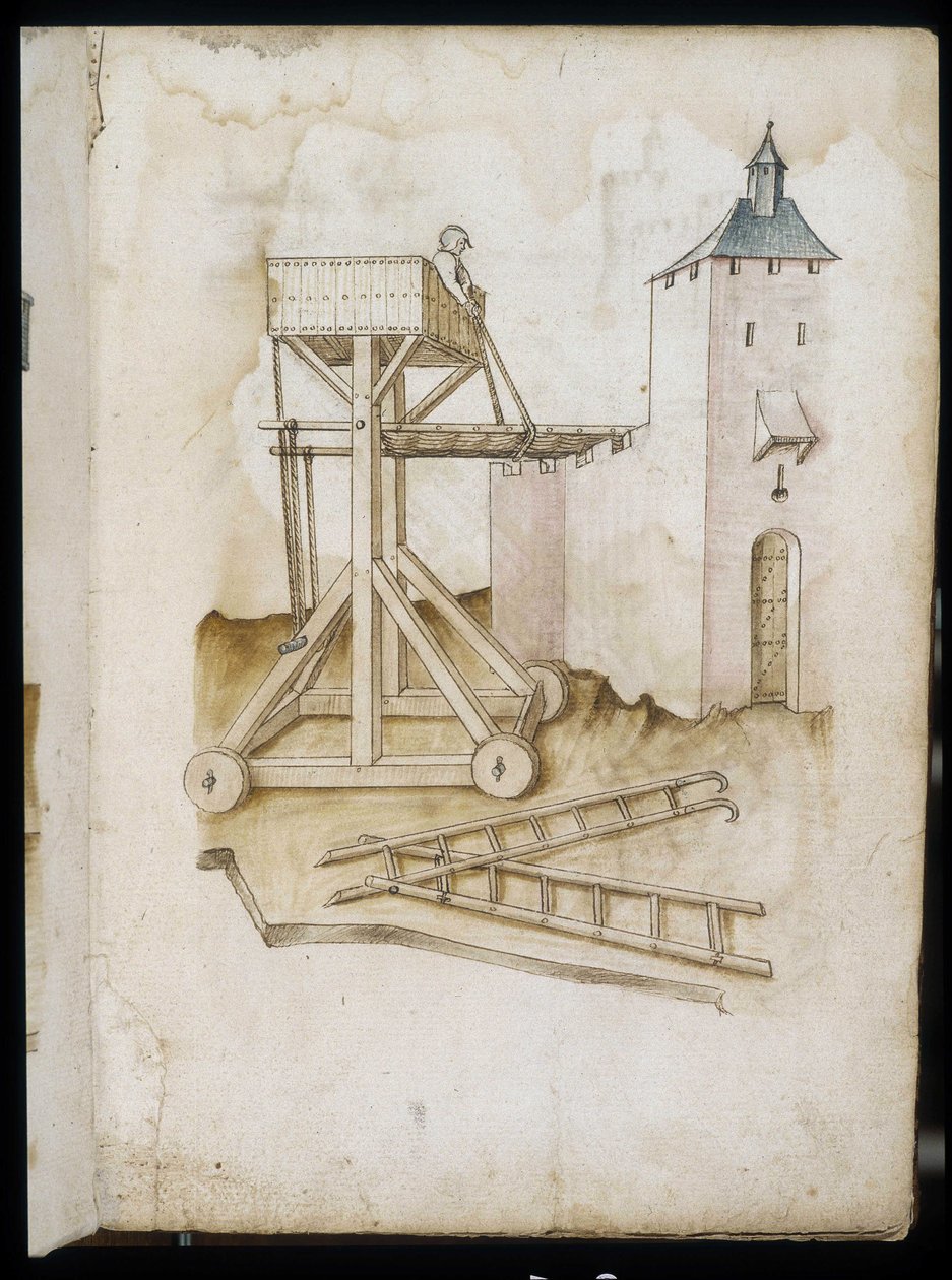 Hebesystem und Skalen - Manuskript: Pergamentblatt aus dem Handbuch eines Ingenieurs für den Bau ziviler, religiöser und militärischer Gebäude, anonym, Ende des 15. Jahrhunderts (Figur in chinesischer Tinte) von Unknown artist