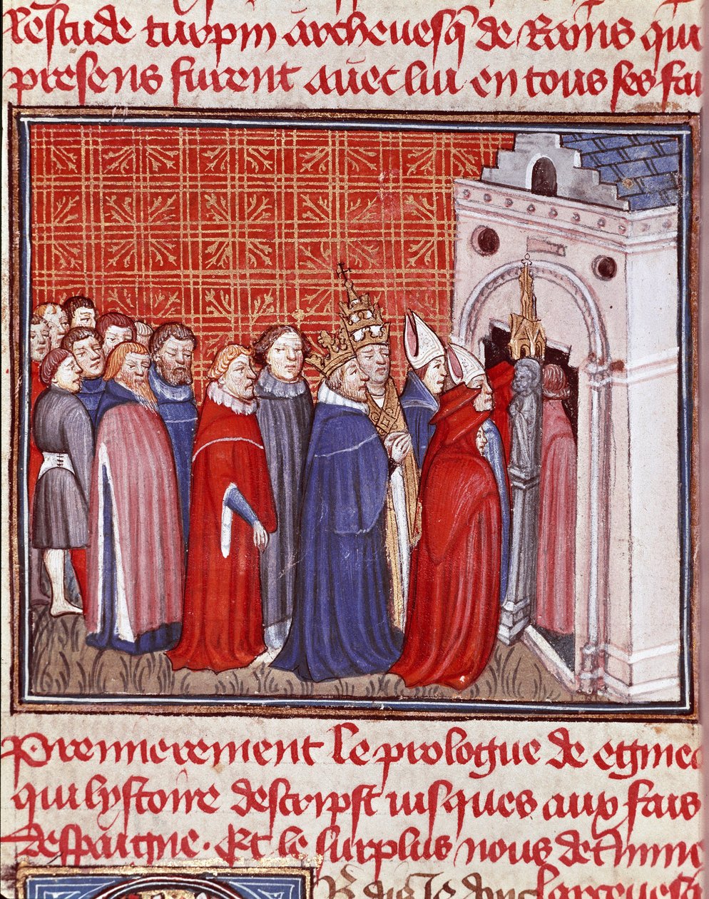 Kaiser Karl der Große (742-814) krönt in einer Kirche, gefolgt von Prälaten. Miniatur aus „Les grandes Chroniques de France“ 15. Jahrhundert Chantilly, Musée Condé von Unknown artist