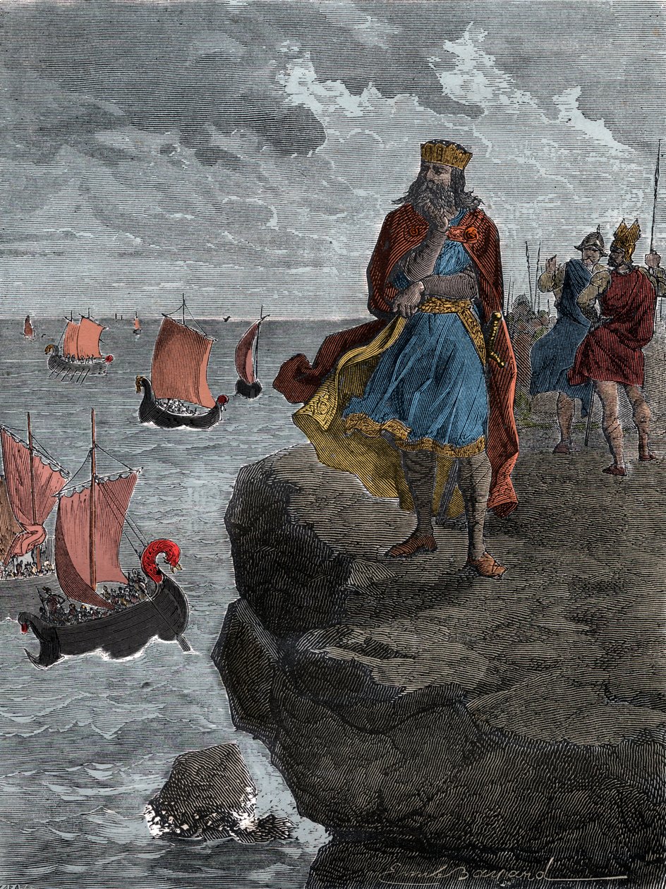 Kaiser Karl der Große (Carlo Magno) beobachtet die Ankunft der Normannenschiffe - König Karl der Große (742/747-814), König der Franken, blickt auf Schiffe voller eindringender Nordmänner herab von Unknown artist