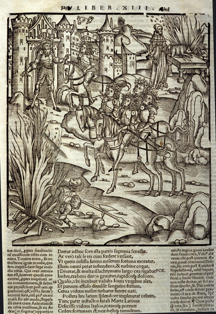 Eneide von Vergil (70 v. Chr.-19 v. Chr.), Buch XIII (Supplementum), die trojanischen Helden Aeneas empfangen die Latiner, Opfer werden zu Ehren der Kriegsopfer gebracht. Xylographie von Sebastian Brant (1458-1521). Straßburg von Unknown artist