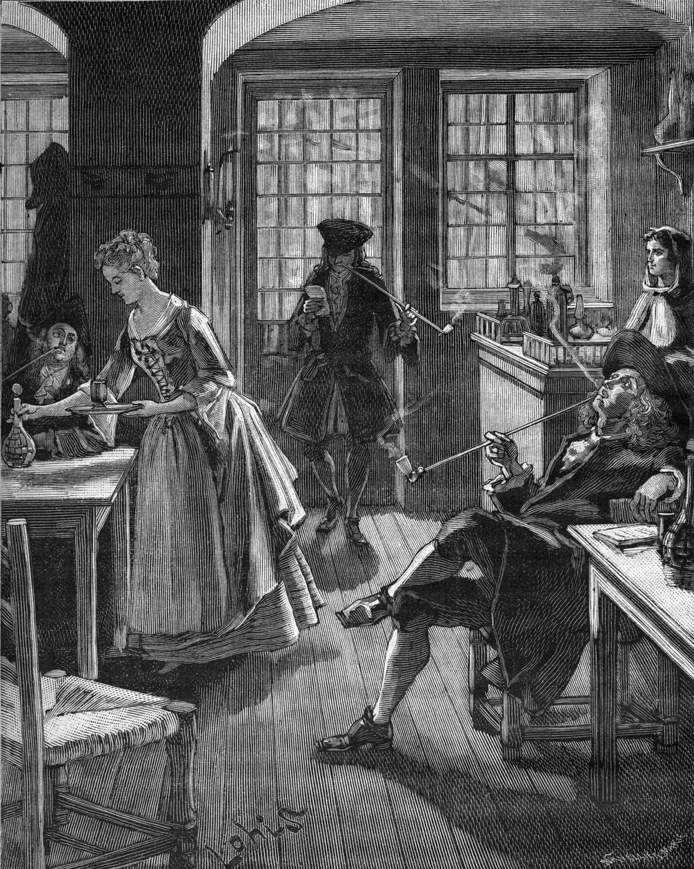 England, Ende des 17. Jahrhunderts: Männer rauchen in einem Café. Gravur des 19. Jahrhunderts. In „Histoire de France“ von Jules Michelet. von Unknown artist