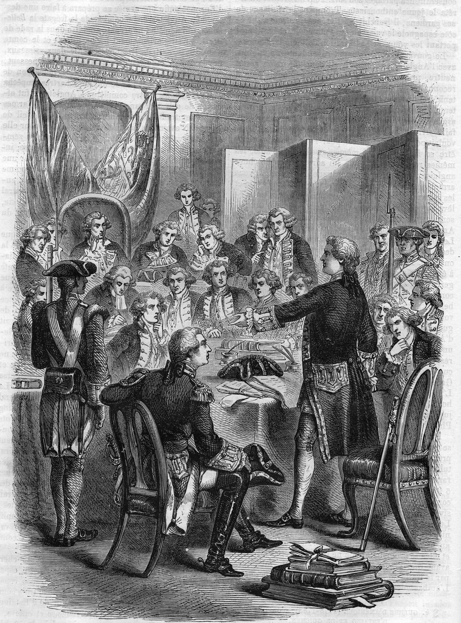 Englischer Admiral Augustus Keppel vor dem Kriegsrat nach der Seeschlacht von Ouessant am 27. Juli 1778. von Unknown artist