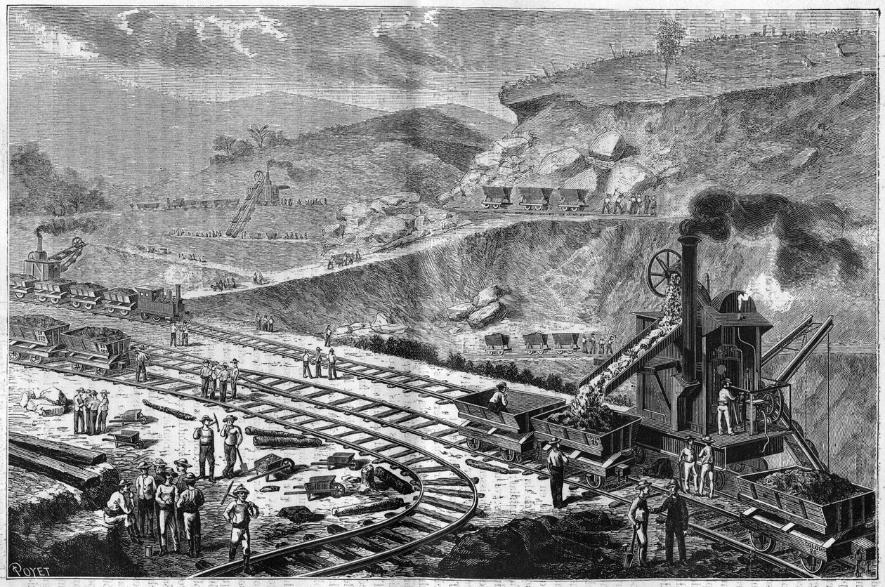 Gravur von 1885, die die Arbeit des Bohrens des Isthmus von Panama zeigt. Blick auf einen der Angriffe auf die Werft von Emperador. von Unknown artist