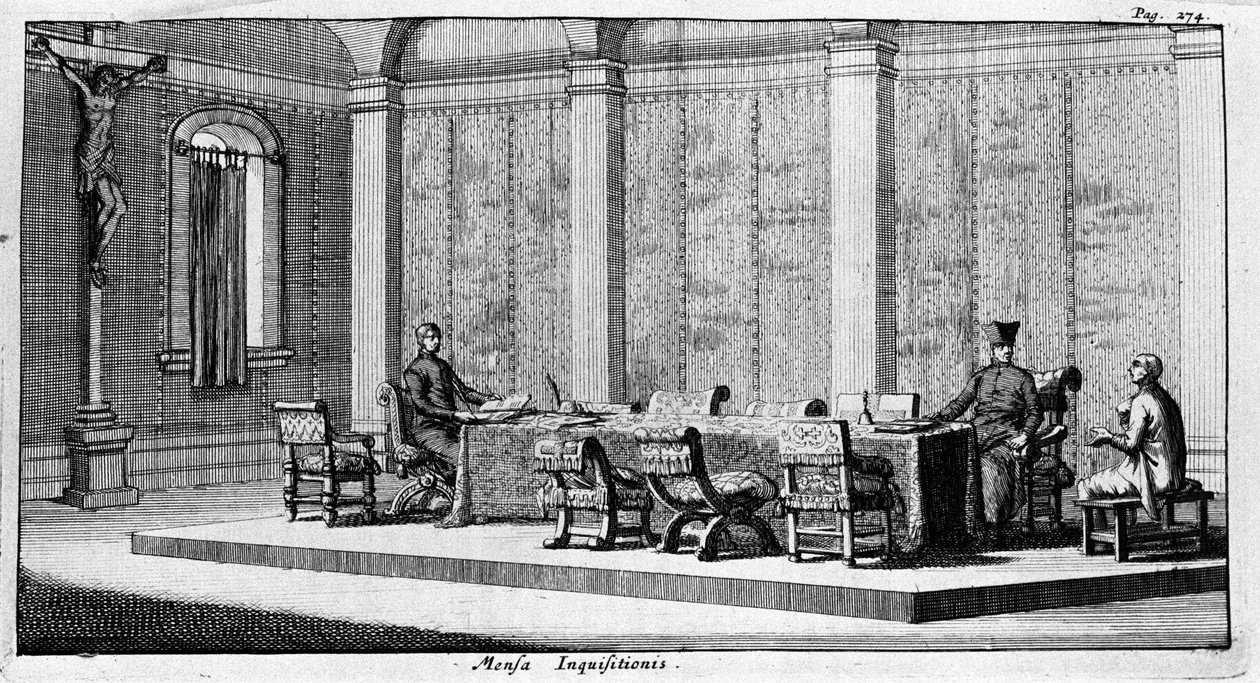 Gravur, die ein Verhör im Tribunal der Inquisition darstellt. 17. Jahrhundert von Unknown artist