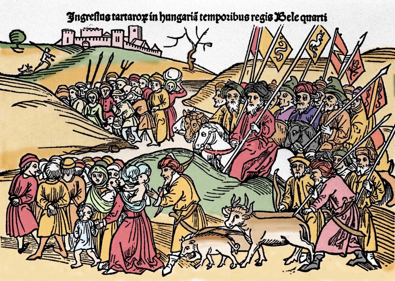 Einzug der Tataren in Ungarn unter der Herrschaft von Bela IV. (1235-1270) von Ungarn. Gravur aus „Chronica Hungariae“. Biblioteca Marciana, Venedig von Unknown artist