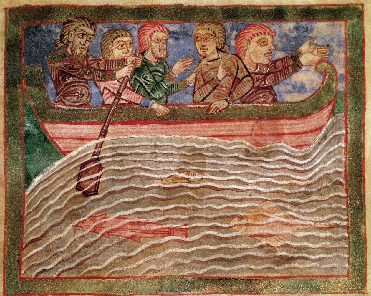 Episode aus dem Leben der Heiligen Radegunde von Poitiers (519-587), Frau von Chlothar I., König der Franken: Radegunde auf einem Boot, das Florio (?) rettet. Miniatur aus einem Manuskript des 11. Jahrhunderts von Unknown artist