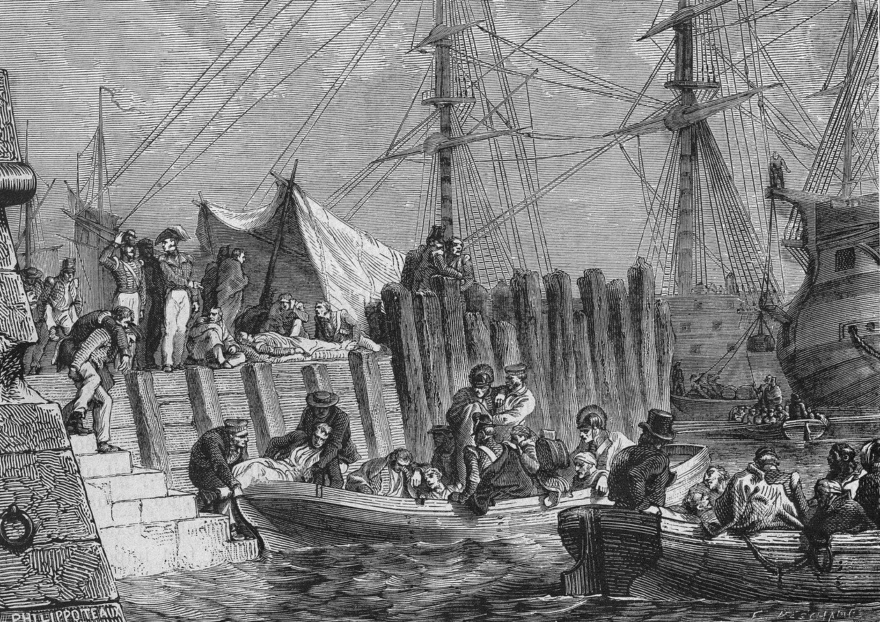 Evakuierung von Flesringe durch die Engländer im Jahr 1802: Einschiffung der Kranken - in „Histoire de France“ von Henri Martin, 19. Jahrhundert von Unknown artist
