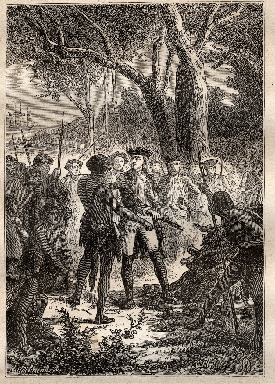 Expedition von Nicolas Thomas Marion-Dufresne (Marion Dufresne) (1729-1772): Marion landete in der Frederick Henry Bay (Tasmanien) und wurde von den Einheimischen mit einem brennenden Brand begrüßt - Illustration aus „Die großen Seefahrer des 18. Jahrhunde von Unknown artist