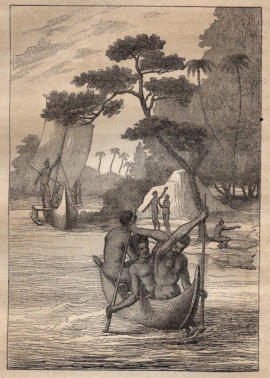 Expedition von Nicolas Thomas Marion-Dufresne (Marion Dufresne) (1729-1772): Kanus von den Inseln der Admiraut (Bismarck-Archipel, Papua-Neuguinea) - Illustration aus „Die großen Seefahrer des 18. Jahrhunderts“ von Unknown artist