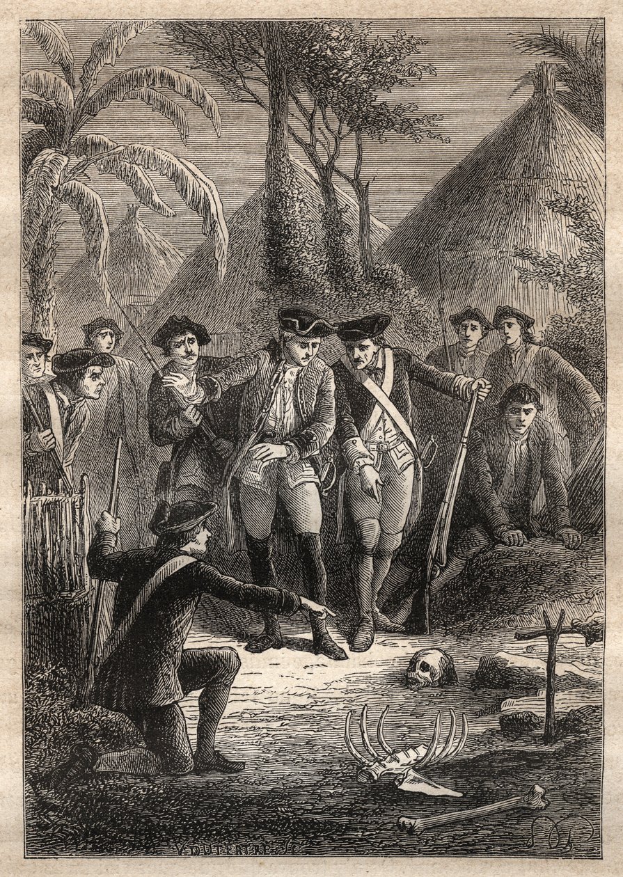 Expedition von Nicolas Thomas Marion-Dufresne (1729-1772): auf der Suche nach Marion und ihren vermissten Kameraden entdecken Matrosen einen Schädel und menschliche Überreste im Dorf Tacouri (Matuaro-Insel, Neuseeland) - Illustration aus „Die großen Seefah von Unknown artist