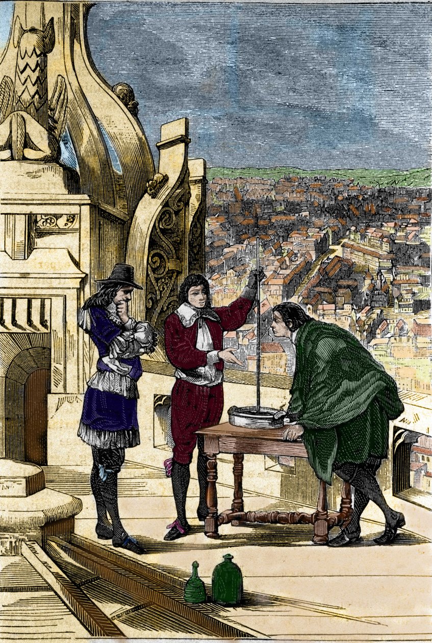 Experiment von Blaise Pascal mit einem Quecksilberbarometer auf dem Turm Saint Jacques la Boucherie in Paris von Unknown artist