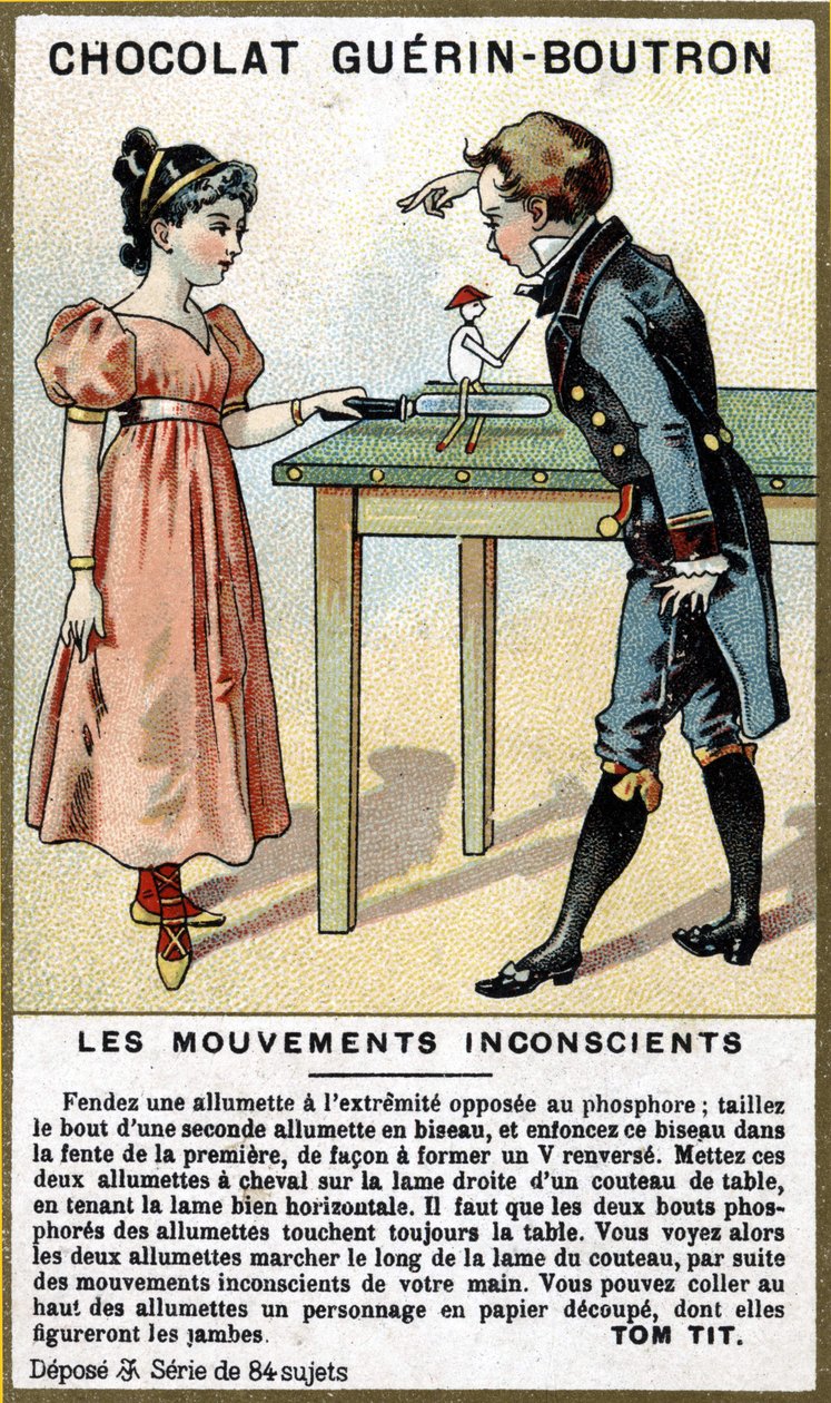 Erfahrung von zwei Kindern mit Streichhölzern und einem Messer. Chromolithographie von Schokoladenverpackungen Guérin Boutron von Unknown artist