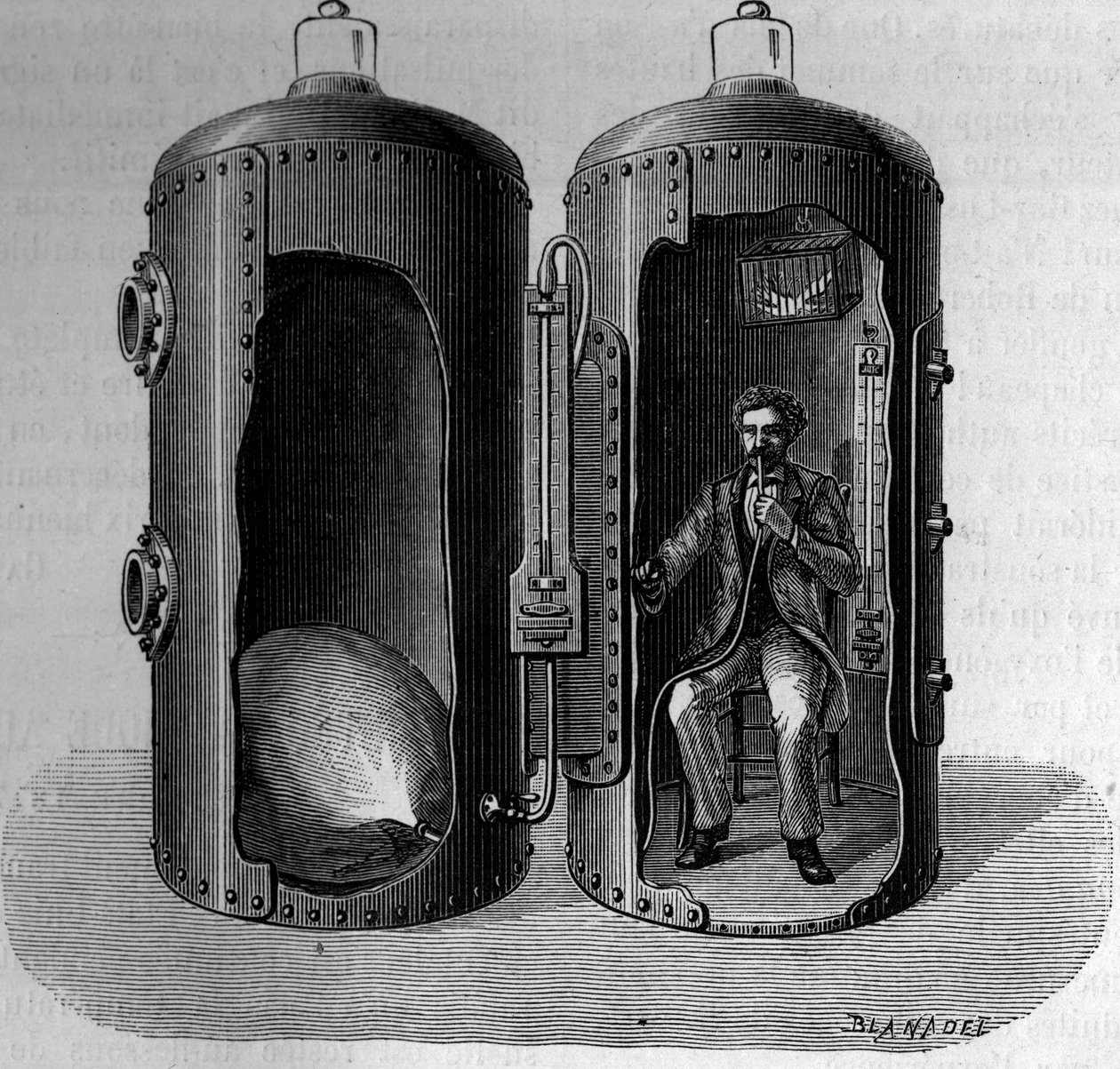 Experiment zum barometrischen Druck von Physiologe Paul Bert: Atmung von sauerstoffreicher Luft, die durch Druckabnahme expandiert. Gravur in „La Nature: revue des sciences et de leurs applications aux arts et a l