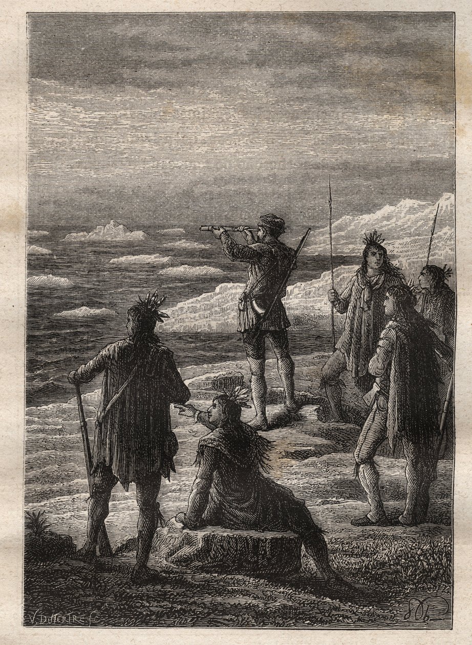 Erkundung des großen kanadischen Nordens (1769-1772) durch Samuel Hearne (1745-1792): Hearne folgt dem Lauf des Coppermine River und erreicht dessen Mündung am Arktischen Ozean im Jahr 1771 - Illustration aus „Die großen Seefahrer des 18. Jahrhunderts“ von Unknown artist