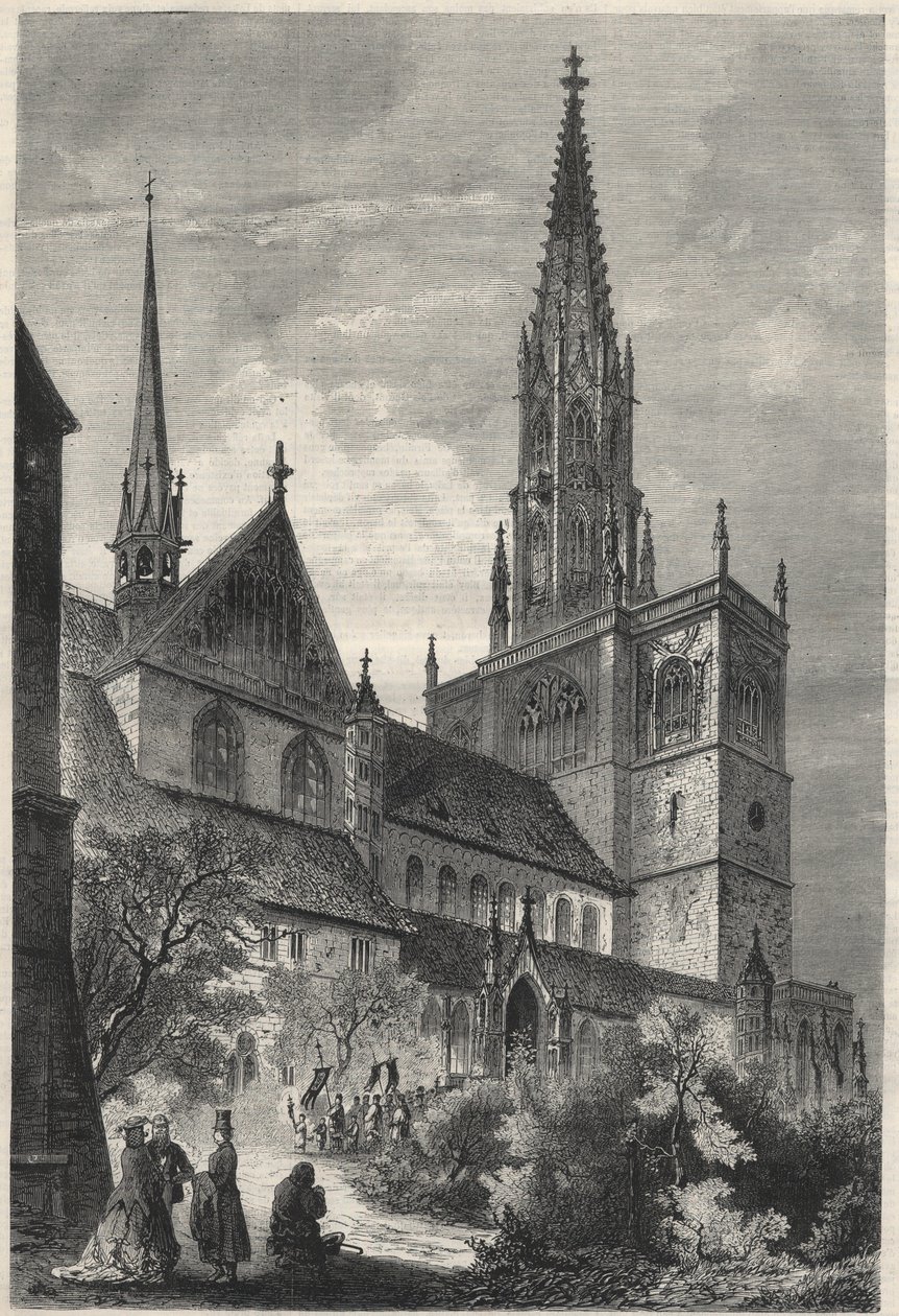 Außenansicht der Kathedrale Notre Dame in Konstanz, Deutschland. Gravur in „The Universe illustrious“ von Unknown artist