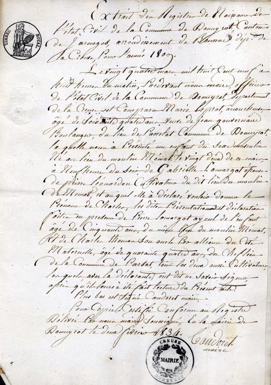 Auszug aus dem Geburtsregister der Gemeinde Dommyrot, beglaubigte Kopie vom 2. Februar von Unknown artist