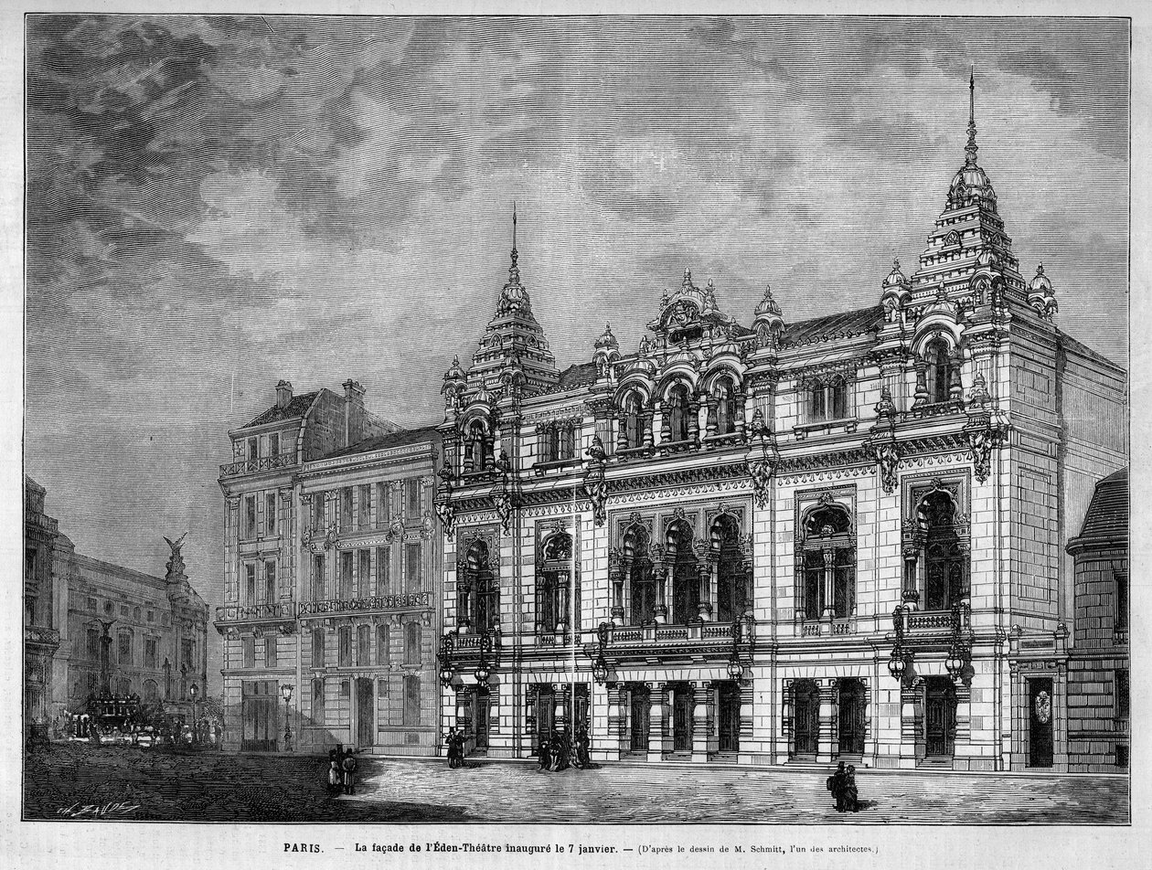 Fassade des Eden-Theaters, 7 rue Boudreau in Paris, eröffnet am 7. Januar von Unknown artist