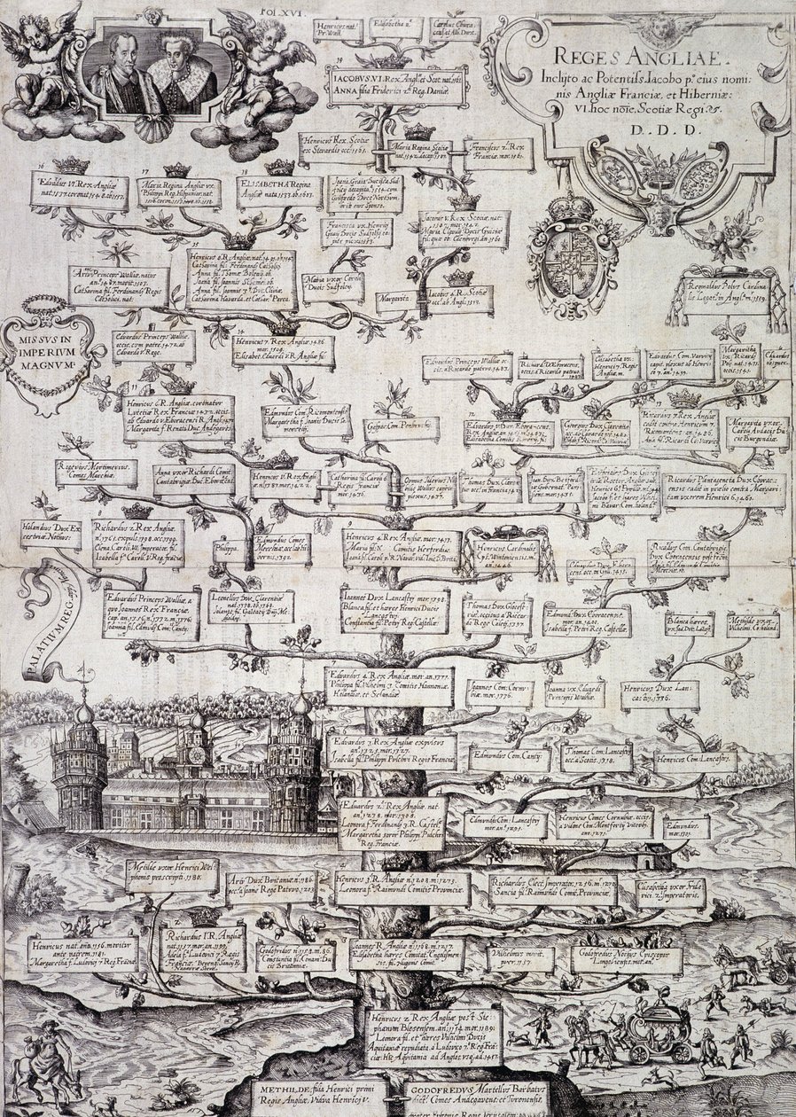 Stammbaum der königlichen Familie von England vom 12. bis zum 17. Jahrhundert - Gravur von Unknown artist